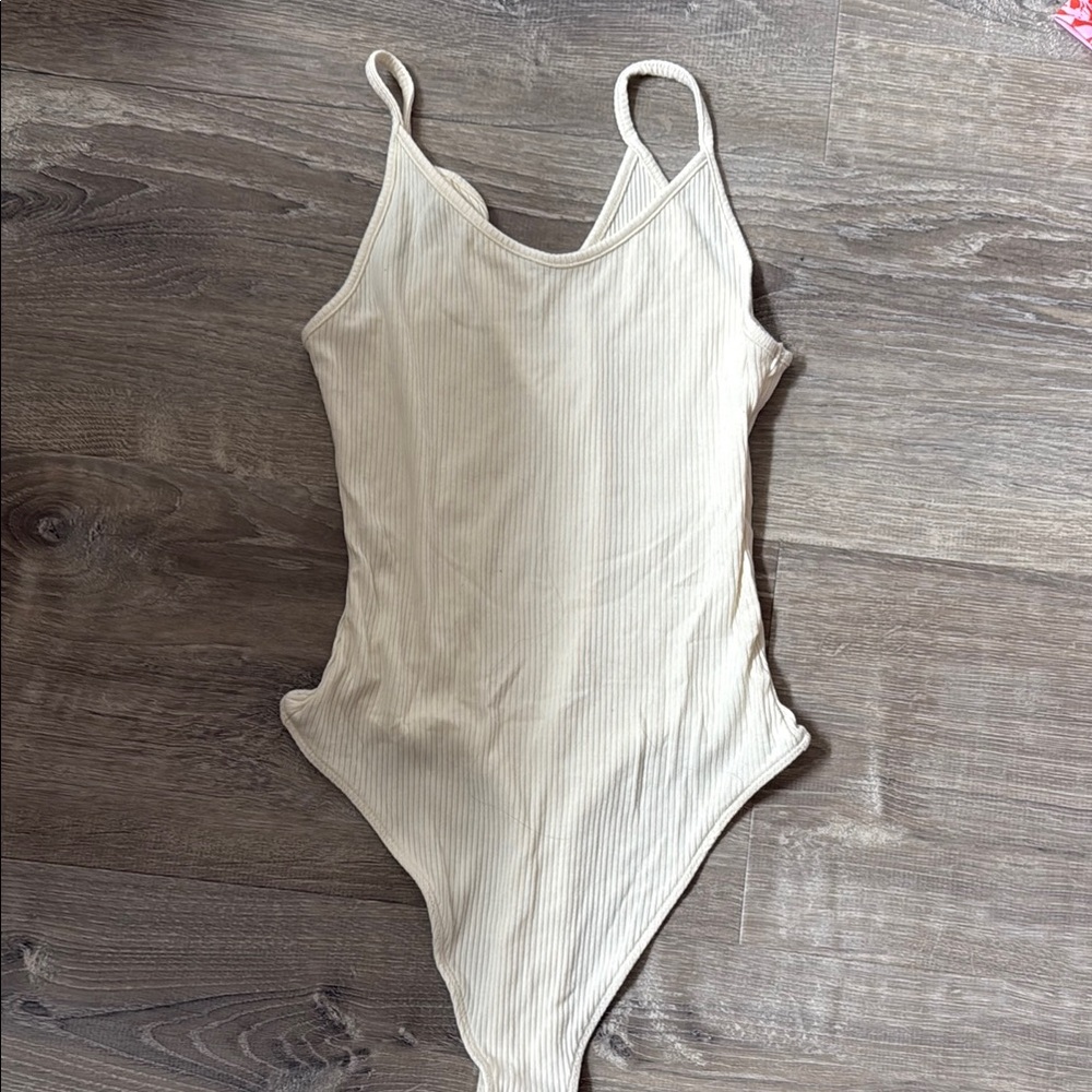 American Eagle Outfitters Cream Ribbed Bodysuit with Spaghetti Straps
